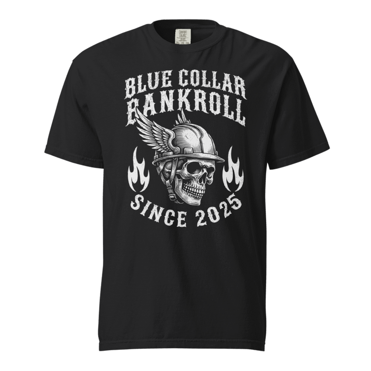 Black tee with a winged hardhat skull and Blue Collar Bankroll graphic
