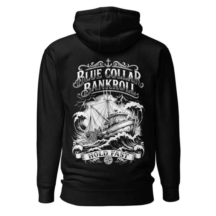 Hold Fast Hoodie front and back with fishing boat and anchor graphics