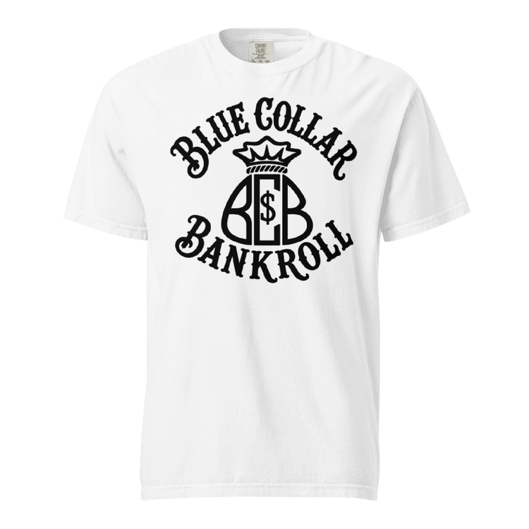 White Blue Collar Bankroll tee with black crowned BCB moneybag logo on the front