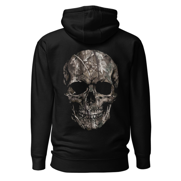 Black camouflage skull hoodie showing the front logo and large skull graphic on the back