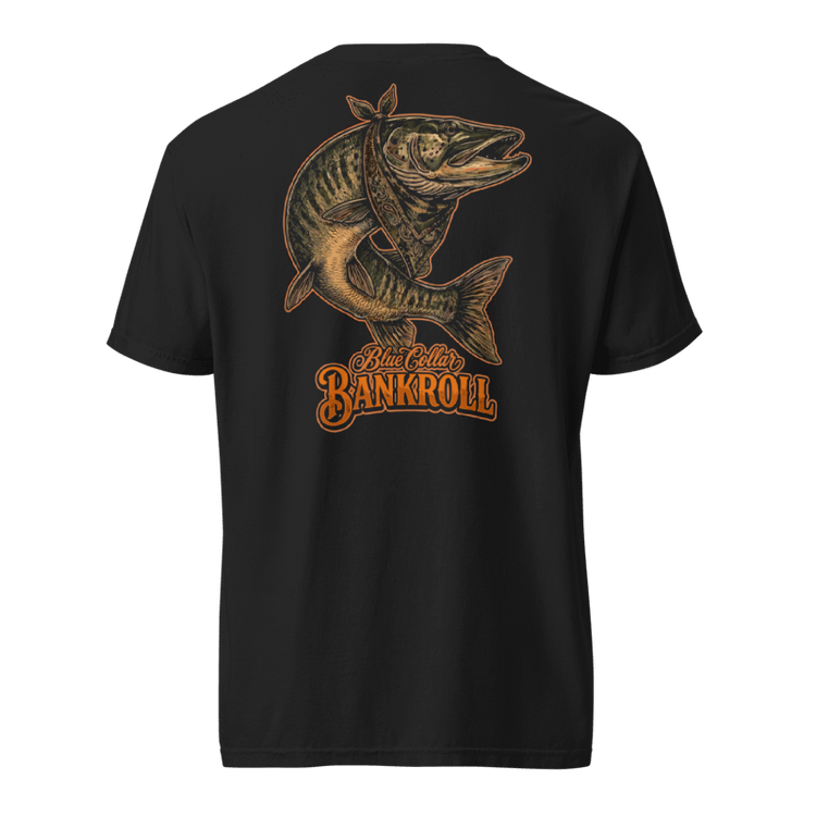 Black Muskie tee with a large muskie and Blue Collar Bankroll graphic on the back