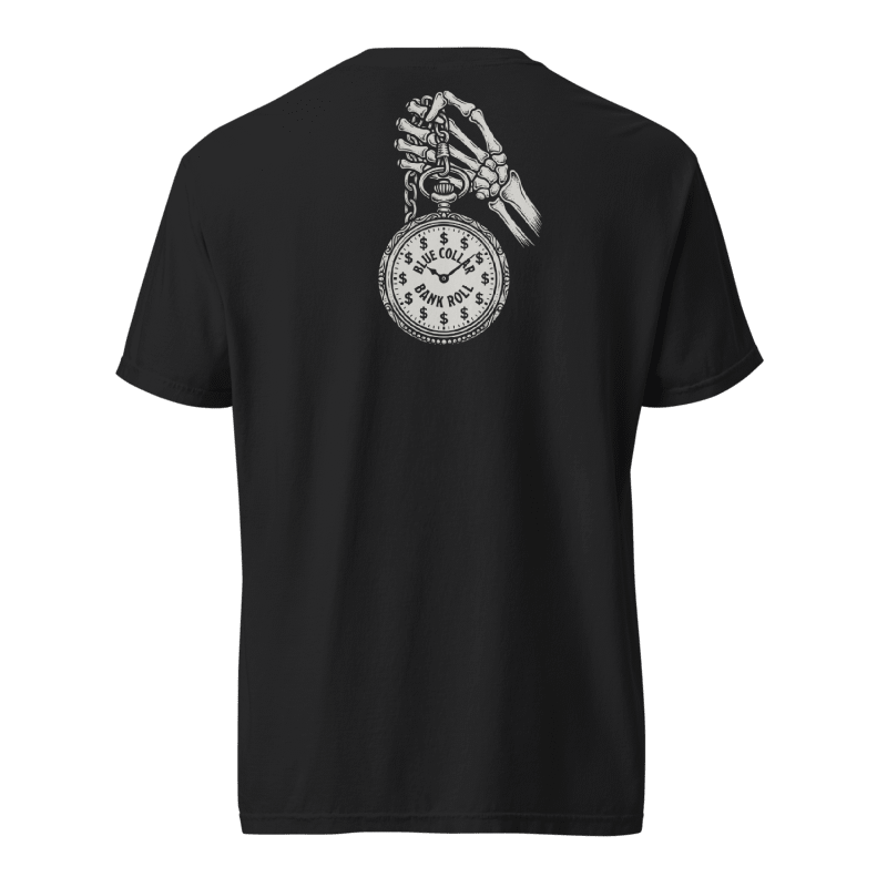 Black tee with a skeletal hand gripping a Blue Collar Bankroll pocket-watch graphic