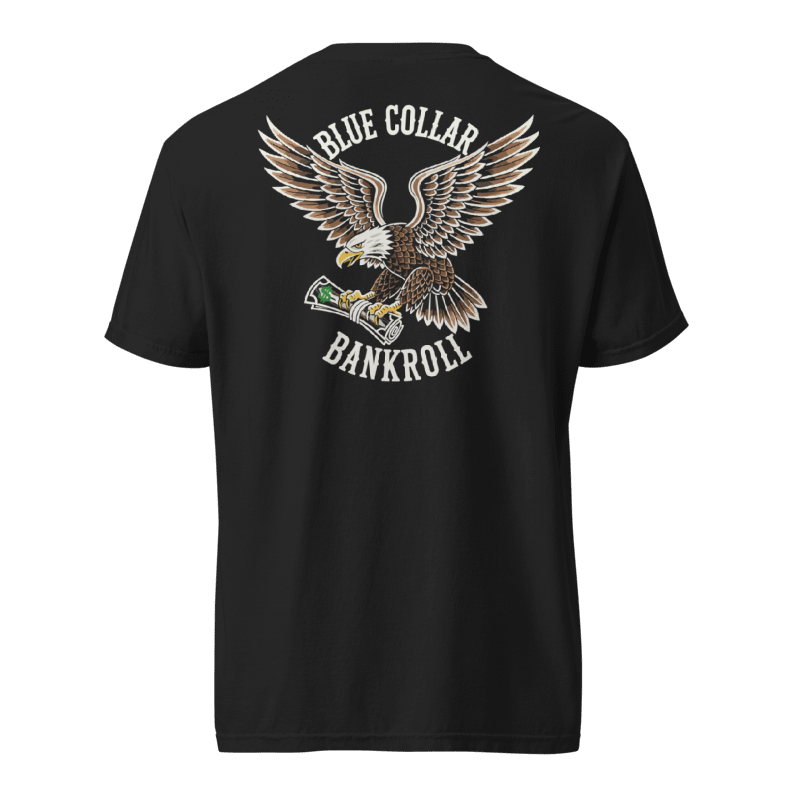 Black eagle tee showing the front Skull and Bones mark and large back graphic