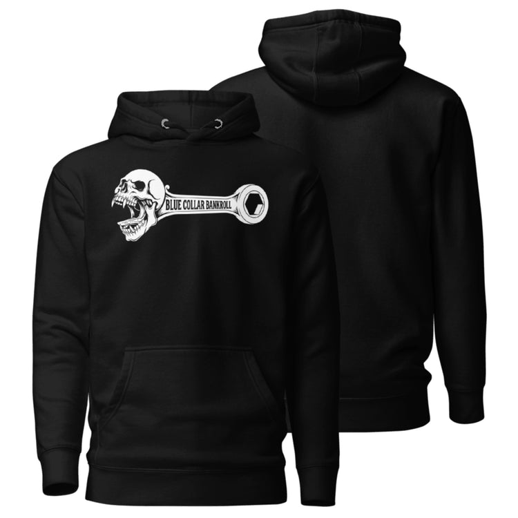 Black Blue Collar Bankroll hoodie with white wrench skull front graphic and blank back