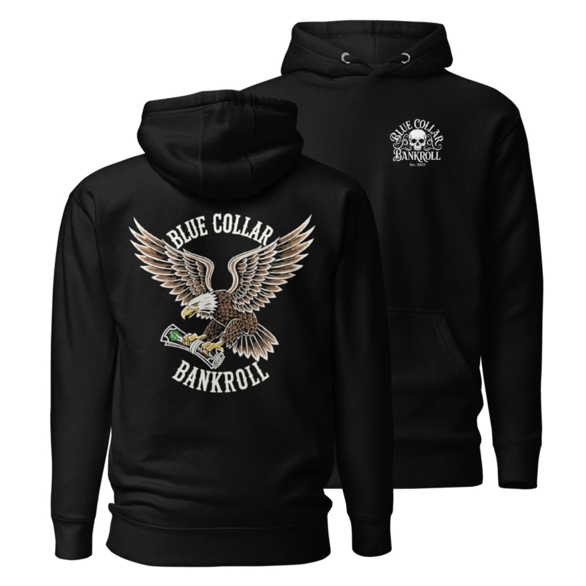 Black eagle hoodie showing the front Skull and Bones mark and large back graphic