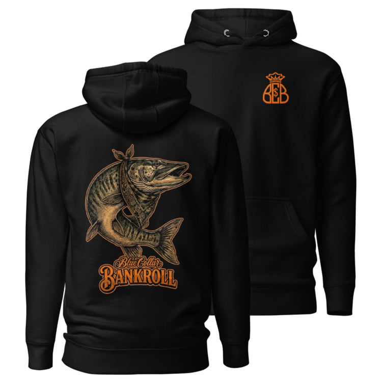 Black Muskie hoodie with a large muskie and Blue Collar Bankroll graphic on the back