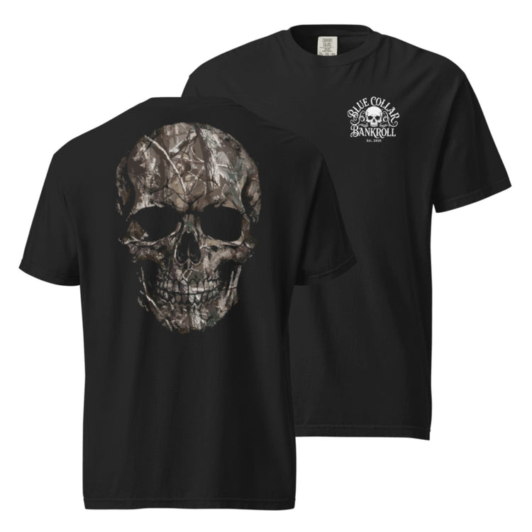 Black tee with a large camouflage skull graphic on the back