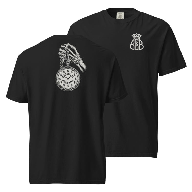 Black Moneybag tee showing the pocket-watch graphic and front Moneybag mark