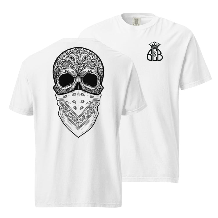 White bandana skull tee showing the large back skull graphic and front Blue Collar Bankroll mark