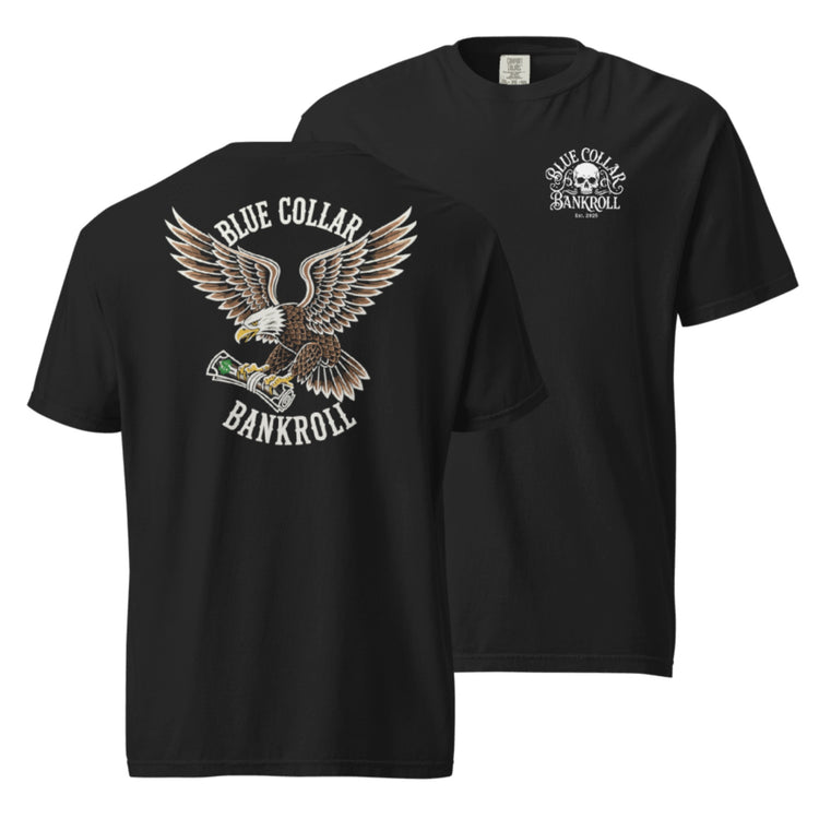 Black tee with a large eagle and Blue Collar Bankroll graphic on the back