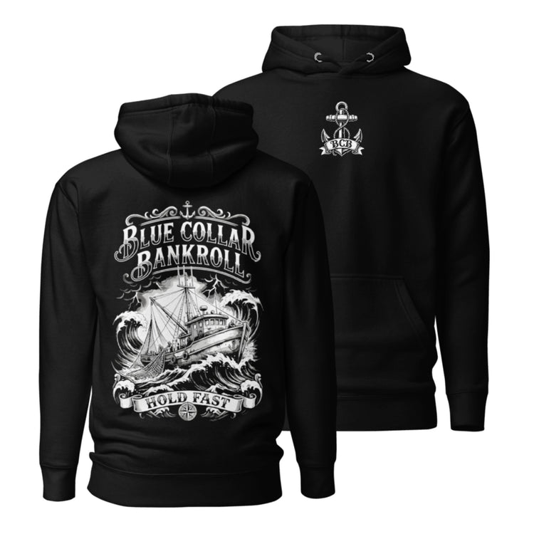 Hold Fast Hoodie back with fishing boat in waves and Hold Fast banner