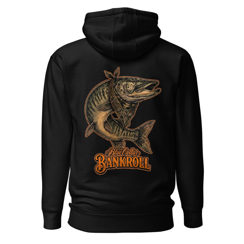 Black Muskie hoodie showing the front logo and large back fish graphic