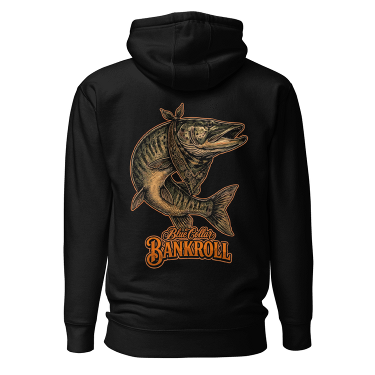 Black Muskie hoodie showing the front logo and large back fish graphic