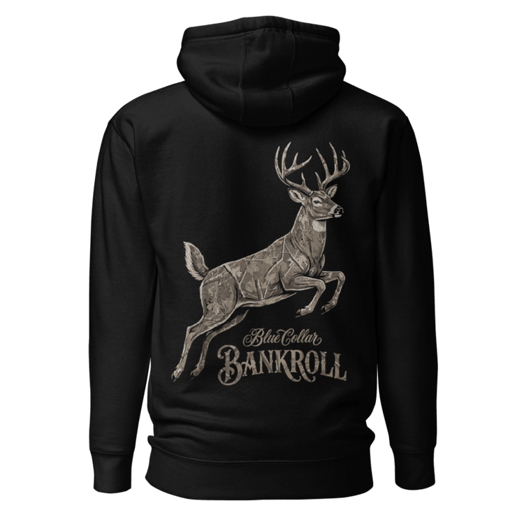 Backwoods Buck Hoodie with camo-patterned leaping buck graphic