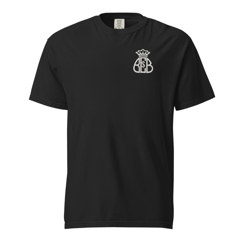 Black tee with the white Moneybag mark on the front