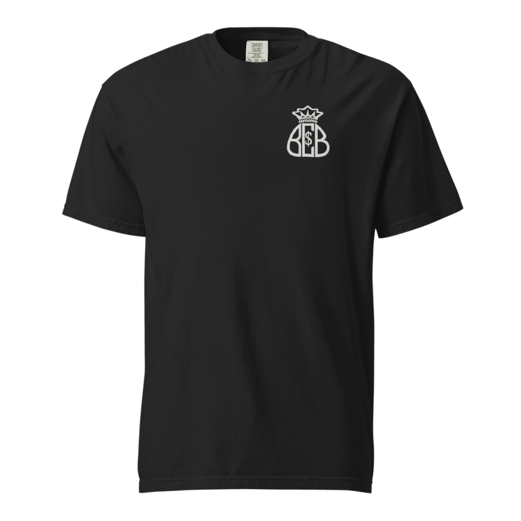 Black tee with the white Moneybag mark on the front