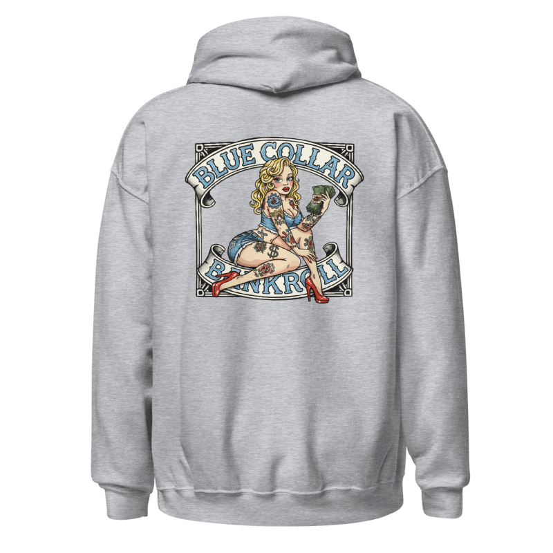 Blue Collar Bombshell Hoodie Grey - Pinup Girl Graphic | Blue Collar Bankroll