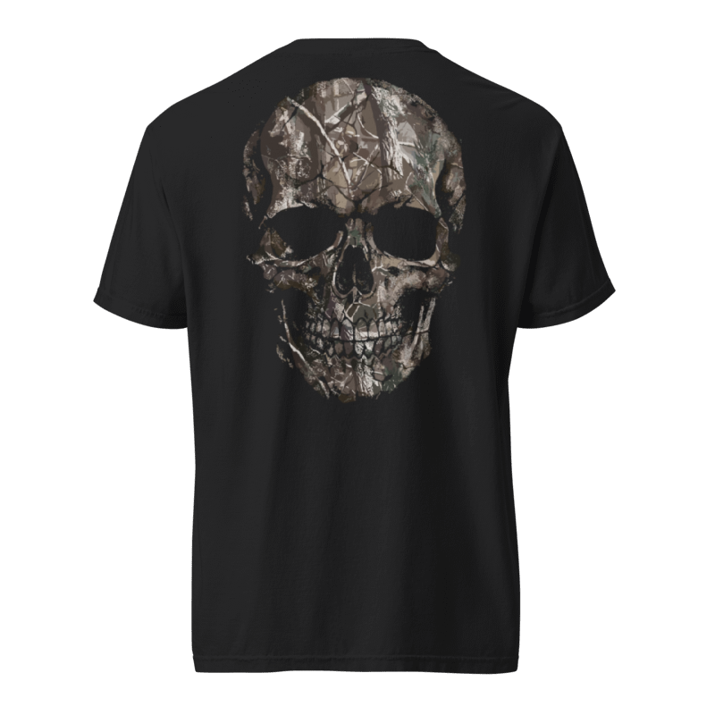 Black camouflage skull tee showing the front logo and large skull graphic on the back