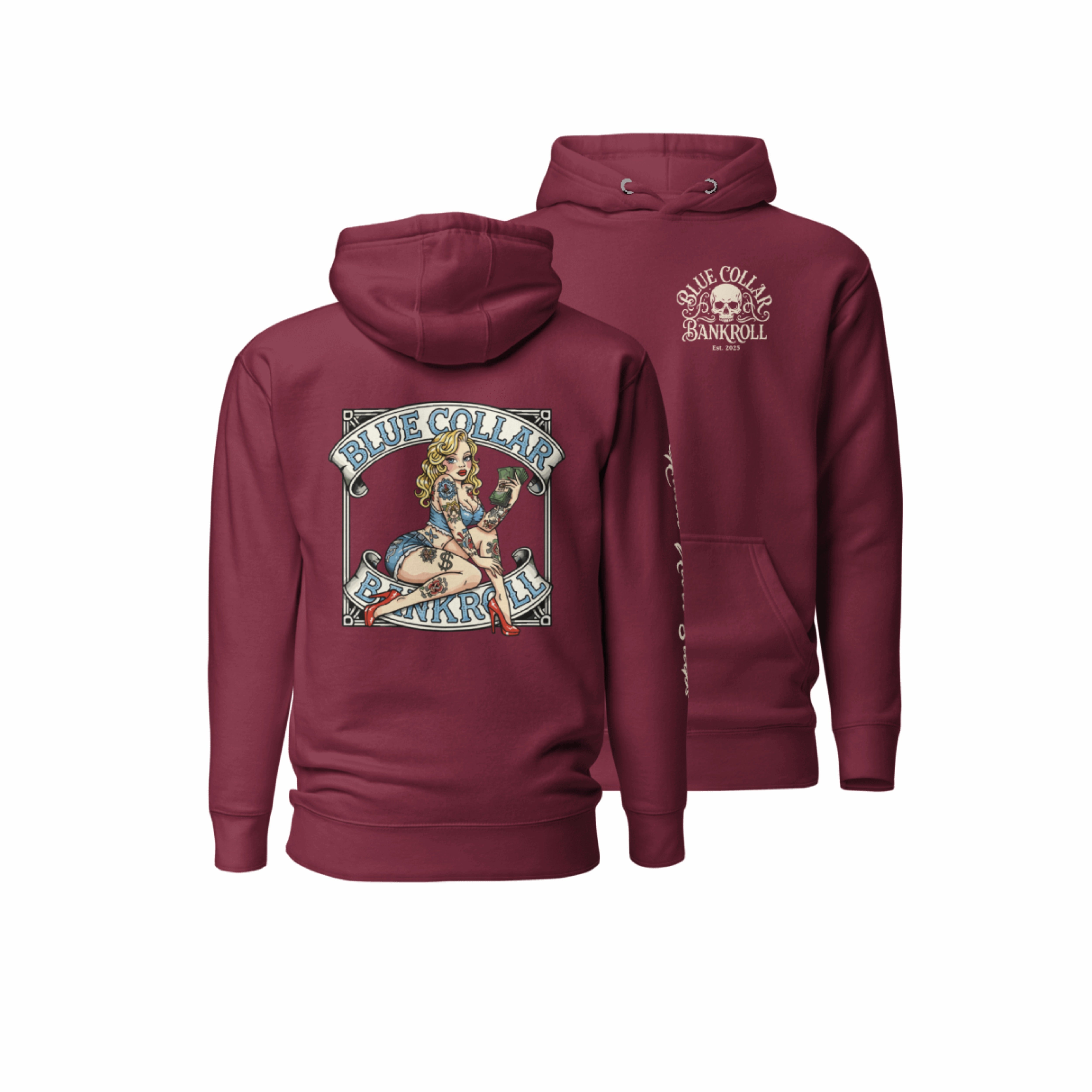 Blue Collar Bombshell Maroon Hoodie - Pinup Girl Graphic | Blue Collar Bankroll